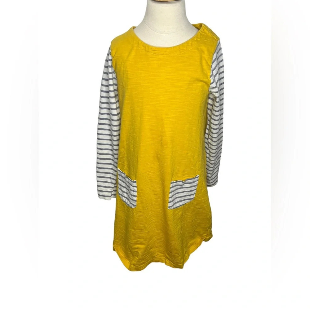 Mini Boden girls yellow gray striped slub cotton shirt dress sz 9-10Y